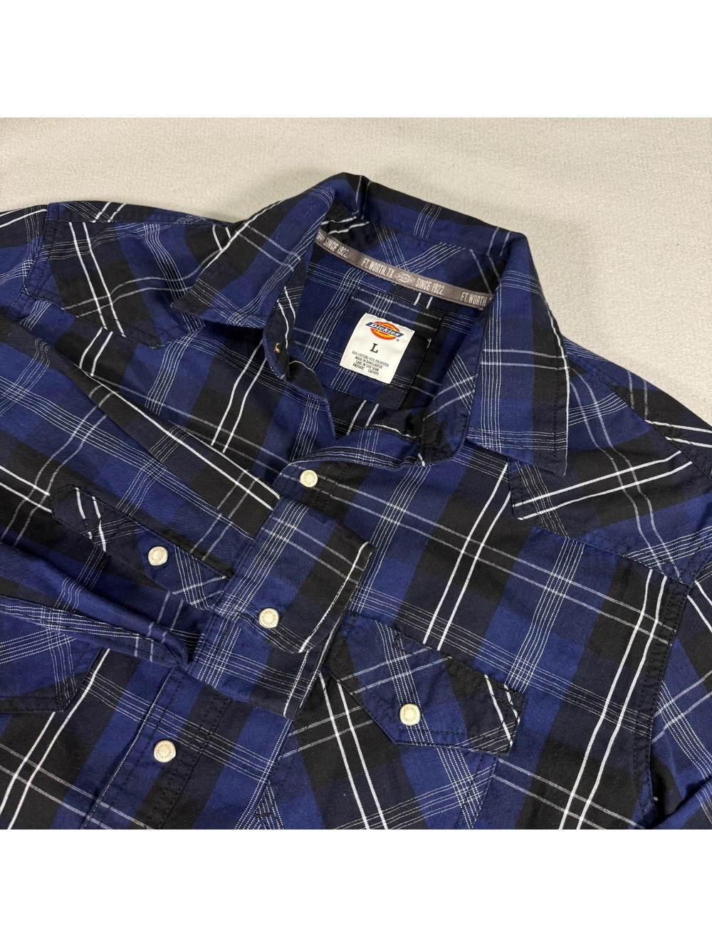 Dickies Mens Vintage Pearl Snap Western Shirt Blue check plaid Large